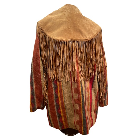 Pioneer wear vintage colorful southwestern print wool and suede fringe jacket - Picture 4 of 14